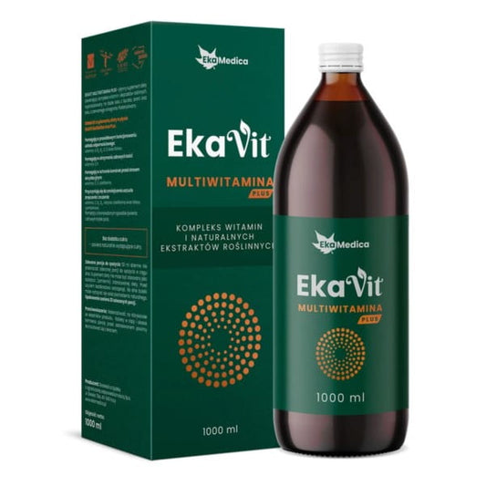 Ekamedica Ekavit Multivitamin PLUS in 1000 ml Flasche, zeigt die Flasche mit Etikett und Dosierungsangaben auf der Verpackung.