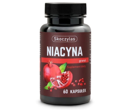 Skoczylas Niacin Granatapfel 60 K, Nahrungsergänzungsmittel mit Granatapfelextrakt, zeigt die Verpackung mit Kapseln.