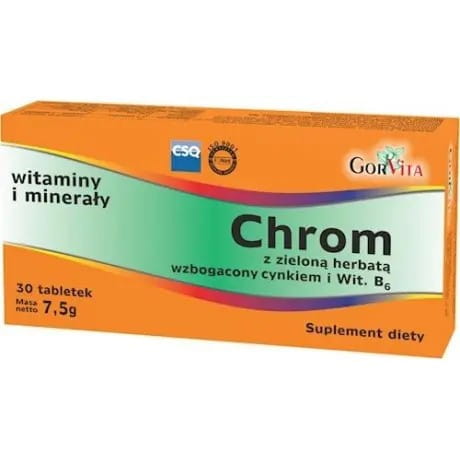 Gorvita Chromium mit Grüntee, Zink und B6, 30 Tabletten, Nahrungsergänzungsmittel in Dose, Nahaufnahme der Verpackung
