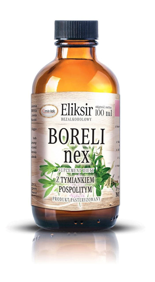 Alkoholfreier BORELInex Elixier von MIR-LEK in 100ml Flasche, Nahaufnahme des Produkts.