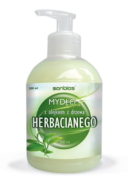 SANBIOS Flüssigseife mit Teebaumöl in 300ml Flasche, zeigt die Seife mit grüner Verpackung und Teebaumöl-Ingredients.
