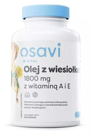 Nachtkerzenöl Kapseln von Osavi, 600 mg mit Vitamin A und E, 180 Kapseln, Nahaufnahme der Produktverpackung