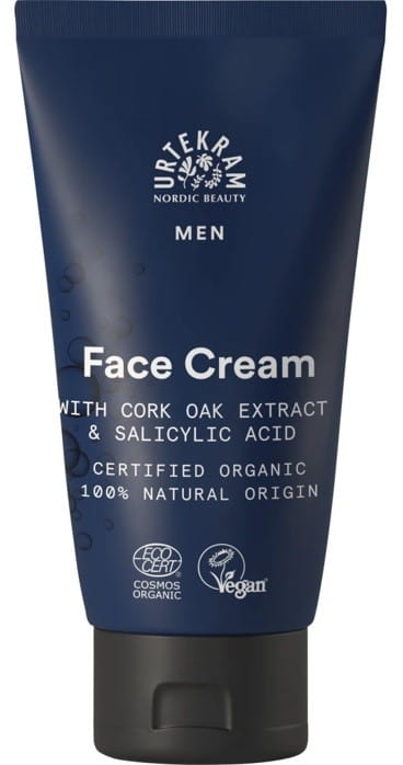 Gesichtscreme für Männer von URTEKRAM, Bio, 75 ml, gepflegte Haut, cremige Textur in einer weißen Tube.