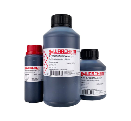 METHYLENBLAU Lösung 0,1 % in 100 ml Flasche von WARCHEM, klare bläuliche Flüssigkeit für chemische und medizinische Anwendungen