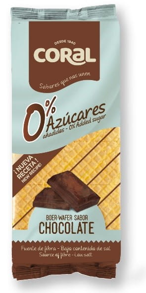 Kakao-Sahne-Waffeln ohne Zuckerzusatz von CORAL, 150 g, die mit Schokofüllung und knusprigem Waffelteig im Bild zu sehen sind.