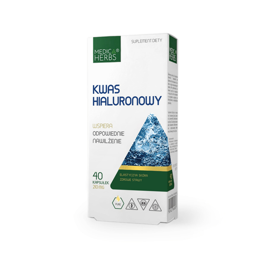 Hyaluronsäure-Kapseln von Medica Herbs, 210mg, 40 Stück, Nahaufnahme der weißen Kapseln in einer Packung