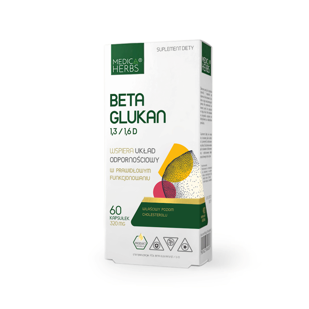 Medica Herbs Beta Glucan 1.3/1.6D Kapseln, 320mg, 60 Stück, close-up der Verpackung mit Kapseln