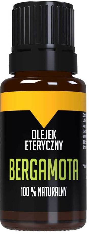 Ätherisches Bergamottenöl von Bilovit in einer 10ml Flasche, Nahaufnahme mit bläulicher Flüssigkeit und Orangenschale.