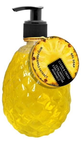 Gelseife mit Ananasextrakt in 500 ml Flasche, UKRAIŃSKIE KOSMETYKI, zeigt die Seife mit Ananasduft und -extrakt.
