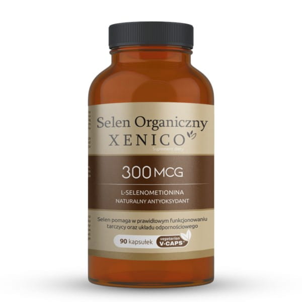 Organisches Selen 300 mg von XENICO PHARMA, 60 Kapseln, Nahaufnahme der Packung mit Kapseln.