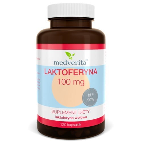 Medverita Lactoferrin 100 mg Kapseln, Nahrungsergänzungsmittel, Nahaufnahme der Packung mit Kapseln.