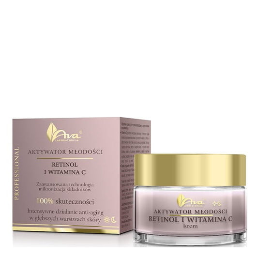 Hyaluroncreme von AVA LABORATORIUM mit Retinol und Vitamin C, feine Textur und glänzendes Finish, für jugendliche Haut.