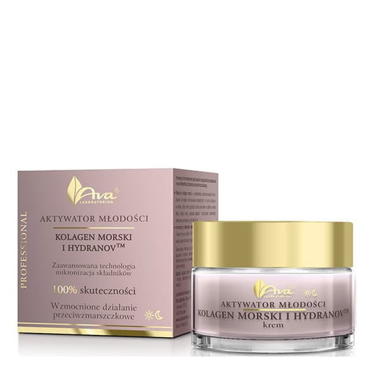 Ava Youth Activator Marine Collagen Creme in 50 ml, cremige Textur, ideal für jugendliche Hautpflege, auf einem weißen Hintergrund.