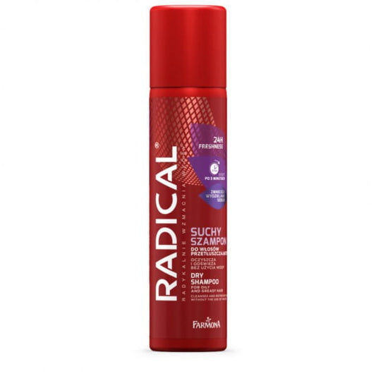 Radikal-Trockenshampoo von Farmona, 180 ml Flasche, zeigt das Produkt in der Verpackung mit Sprühkopf und weißem Etikett.