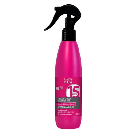 Keratin-Haarfüller-Spray 15 in 1 von UKRAIŃSKIE KOSMETYKI, Flasche mit Sprayaufsatz und weißem Inhalt