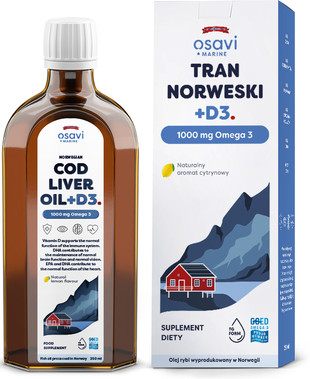 OSAVI Norwegischer Omega-3 Trank +D3, Zitronengeschmack, 250 ml Flasche mit gelber Flüssigkeit, gesundheitsfördernd