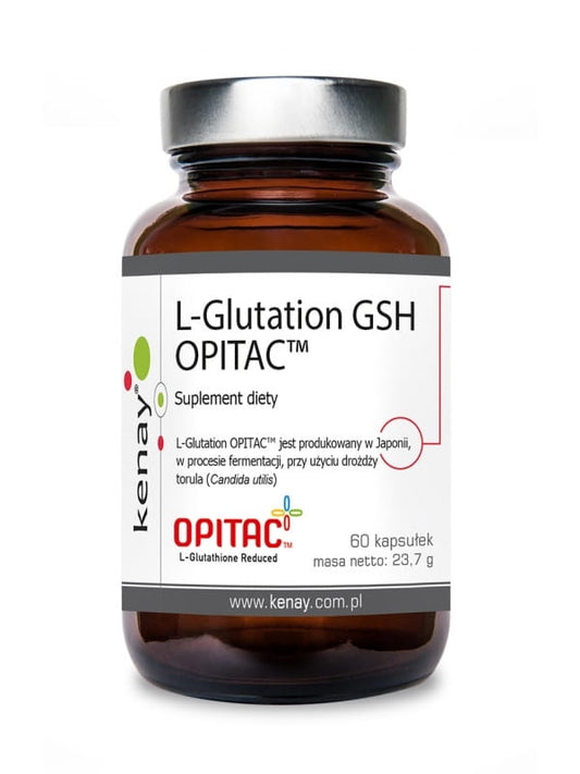 KENAY L-Glutathion GSH OPITAC in 60 Kapseln, weiße Kapseln auf weißem Hintergrund, Produktverpackung sichtbar