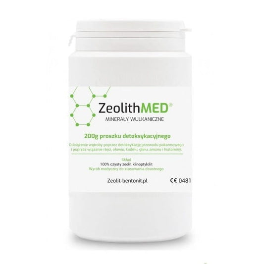 Zeolith MED 200 g entgiftendes Pulver von ZEOLIT, zeigt das Pulver in einer offenen Verpackung auf weißem Hintergrund