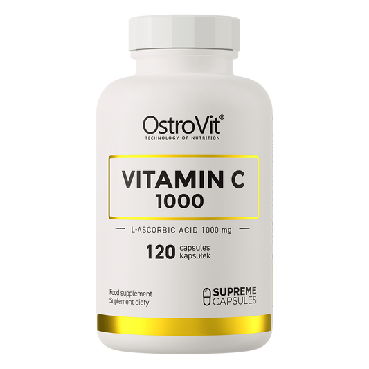 OSTROVIT Vitamin C 1000 mg Kapseln, Nahaufnahme der Verpackung mit 120 Kapseln, vitaminreicher Gesundheitsnahrungsergänzungsmittel.