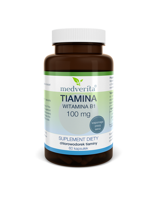 Medverita Thiamin (Vitamin B1) 100 mg, 120 Kapseln, Nahaufnahme der Kapseln in einer Packung.