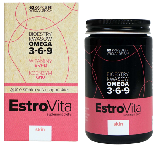 EstroVita Skin Omega 3-6-9 Kapseln für Frauen mit japanischer Kirsche, 60 Stück, close-up der Kapseln in einer Flasche