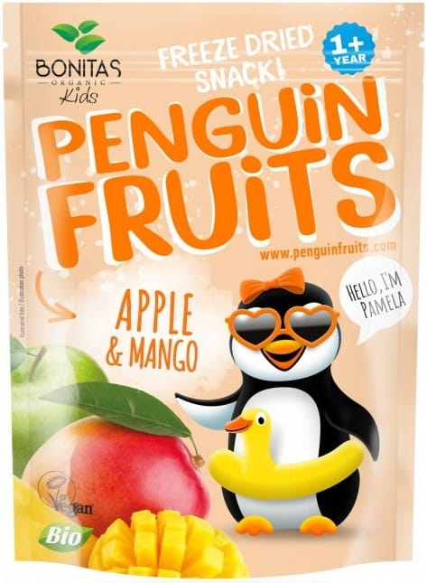 Gefriergetrockneter Bio-Apfel und Mango von BONITAS, 15 g, getrocknete Früchte in einer transparenten Verpackung.