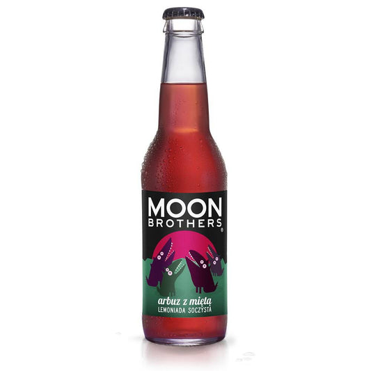 Saftige Wassermelonenlimonade mit Minze in 330 ml Flasche von MOON BROTHERS, kaltes Getränk mit frischer Minznote.