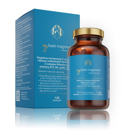 MyBestPharm MyBestMagnesia Kapseln, 120 Stück, Nahaufnahme der braunen Kapseln in einer Packung.
