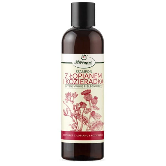 Herbapol Shampoo mit Klette und Bockshornklee, 250 ml Flasche, zeigt das Produkt in einer weißen Flasche mit grüner Beschriftung.