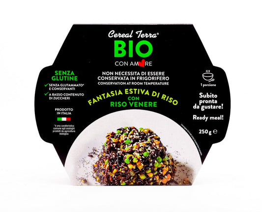 Glutenfreier Reissalat mit Gemüse von CEREAL TERRA, Bio, 200 g, frisches Gemüse und Reis in einer Schüssel.