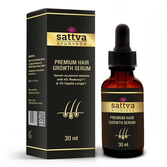 Haarwachstumsserum von SATTVA in 30 ml Flasche, Ayurveda-Formel für gesundes, kräftiges Haar, sichtbare Anwendung am Haaransatz