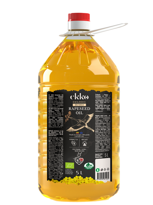 Kaltgepresstes, raffiniertes Bio-Rapsöl in 5-Liter-Behälter, HORECA-Marke, für Gastronomie und Küche, klare Flasche