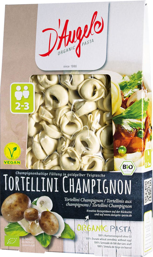 Tortellini mit Bio-Füllung von D'Angelo, 250 g, frische italienische Pasta in einer Schale.