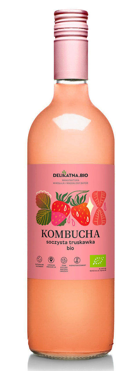Kombucha Sojza Erdbeere BIO von DELIKATNA, 750 ml Flasche, erfrischendes fermentiertes Getränk mit fruchtigem Erdbeergeschmack