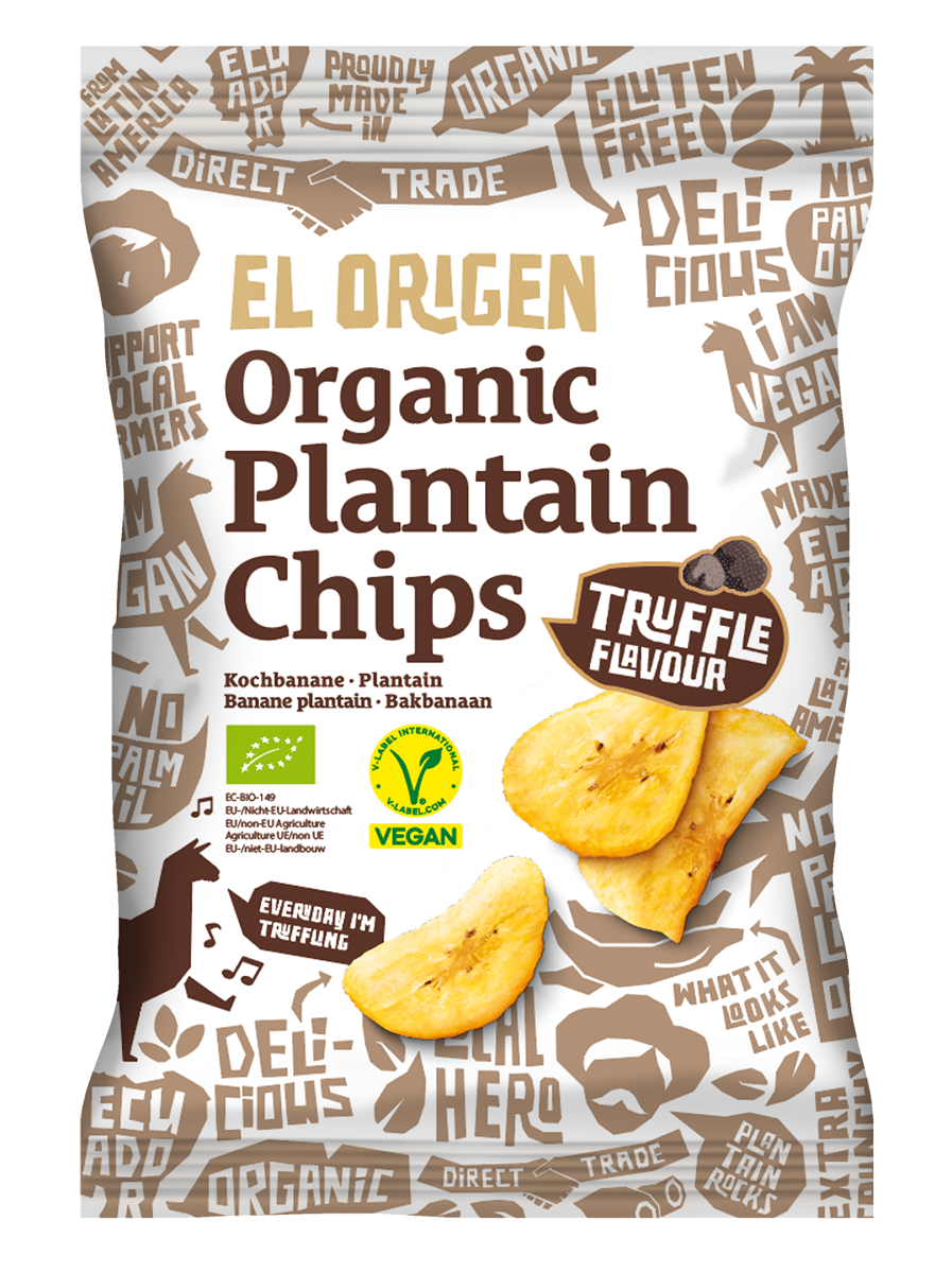 Bio Plantana-Chips von EL ORIGEN, frei von Trüffeln, 80 g, knusprige und gesunde Snack-Alternative, sichtbar in der Verpackung