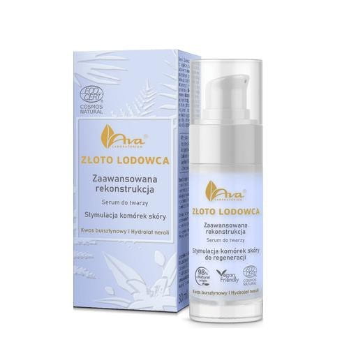 AVA Gletschergold Zellstimulationsserum in 30 ml Flasche, cremige Textur, goldene Verpackung, für Gesichtspflege, AVA LABORATORIUM