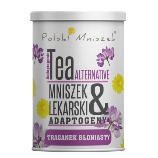Löwenzahntee mit gemischtem Astragalus von SIEDLECKA MANUFAKTURY KAWY, frisch aufgebrüht in einer Tasse auf einem Holztablett