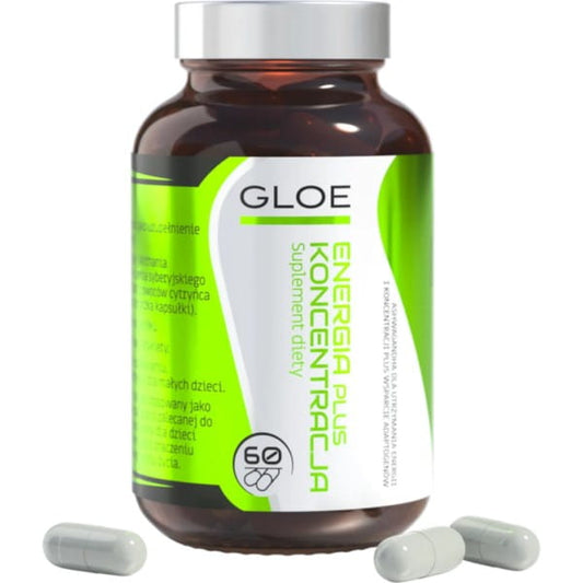 GLOE Energy plus Konzentration Nahrungsergänzung, 60 Kapseln, Nahaufnahme der Verpackung mit Produktbeschreibung