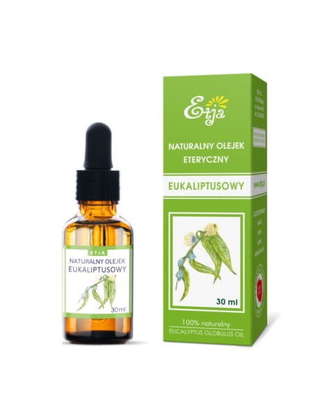 Eukalyptusöl von ETJA in 30 ml Flasche, zeigt die ätherische Ölung mit grünen Eukalyptusblättern und Flasche auf weißem Hintergrund