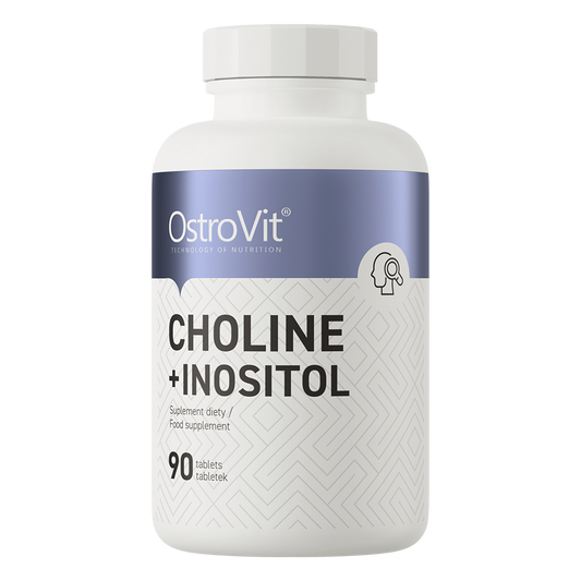 OstroVit Cholin + Inositol Tabletten in einer Packung mit 90 Stück, Nahaufnahme der Tabletten auf der Verpackung