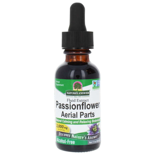 Passionsblumenextrakt von Nature's Answer, 30 ml Flasche mit blühenden Passionsblumenblüten im Flaschenhals.