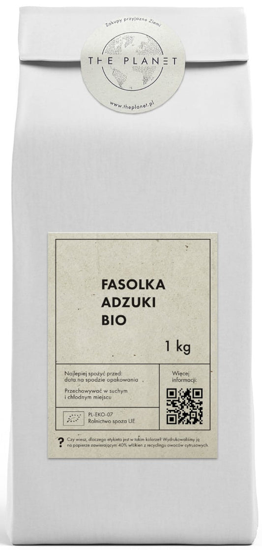 Bio Adzuki Bohnen von THE PLANET, 1 kg, getrocknete rote Adzuki-Linsen für gesunde Gerichte, auf weißem Hintergrund.