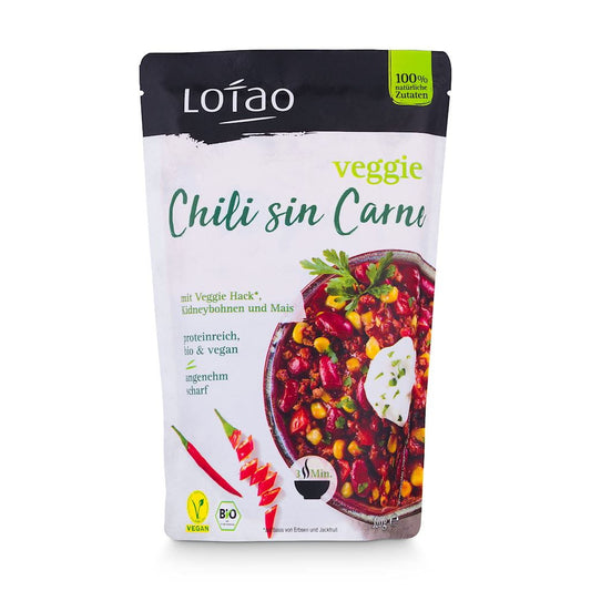 Veganer Chili Sin Carne BIO von LOTAO, 320 g, zeigt eine Schüssel mit würzigem, fleischfreiem Chili in einem weißen Teller.