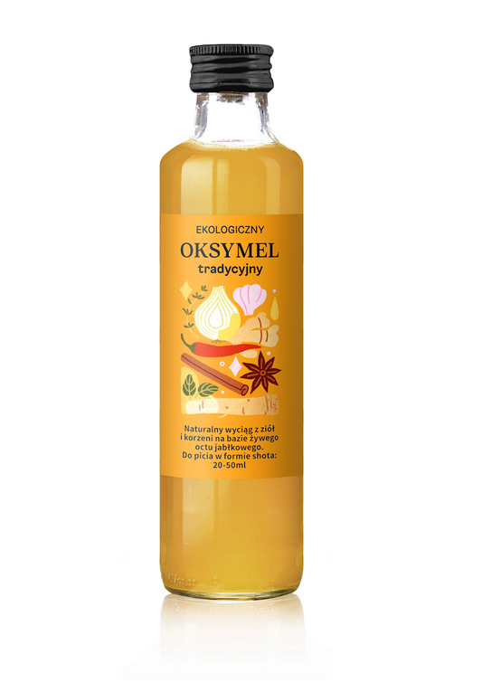 Bio OKSYMEL Traditionell von Delikatna, 250 ml Flasche, cremiger Honig mit traditionellem Geschmack, sichtbar in der Flasche