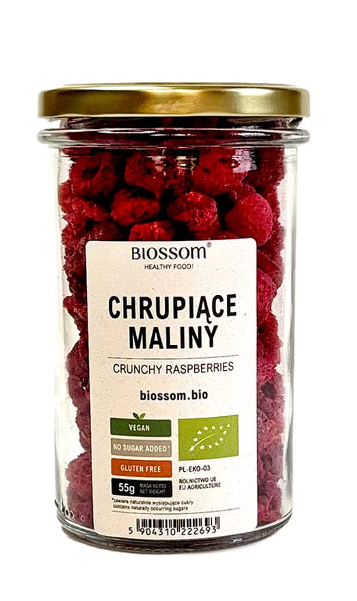 Gefriergetrocknete, glutenfreie Himbeeren von BIOSSOM, Bio-Qualität, 55 g, trockene Beeren für gesunde Snacks.