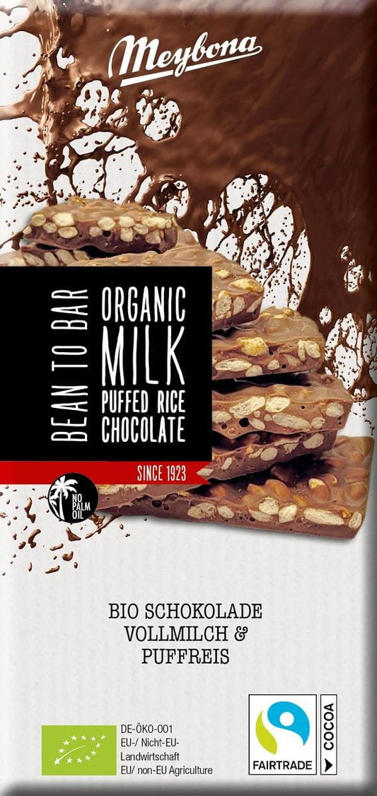 Bio Milchschokolade mit vorgekochtem Reis von MEYBONA, 70 g, cremige Schokolade mit Reisbüscheln, ansprechend auf einem Teller präsentiert