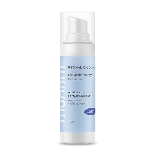 Anti-Aging Serum mit Retinal von MOHANI in 30 ml Flasche, zeigt das Produkt in einer eleganten Verpackung.