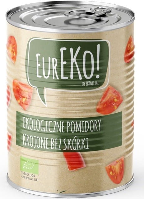 Bio geschälte und geschnittene Tomaten von EUREKO in 400 g Packung, frische und saftige Tomaten im Glas.