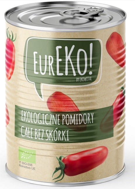 Geschälte Bio-Tomaten im Ganzen von EUREKO, 400 g oder 240 g, frische und saftige Tomaten in Dosen.