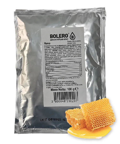 Bolero Honig Bolero Beutel 100g, Nahaufnahme des goldgelben Honigbeutels mit Bolero-Label.